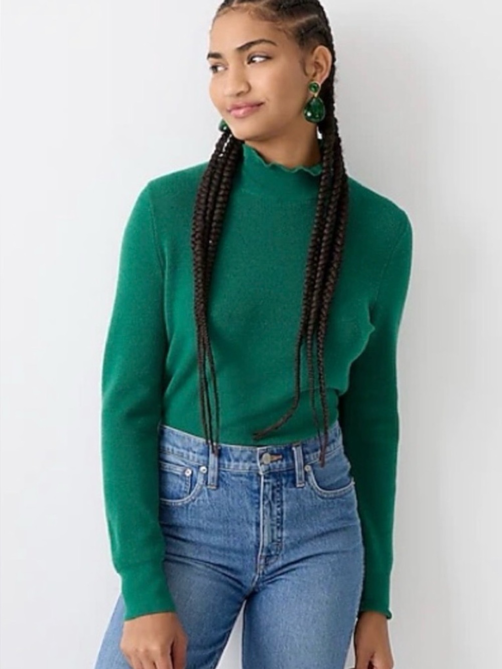 J. Crew Merino Wool Blend Ruffleneck Turtleneck Sweater in Green EUC Large